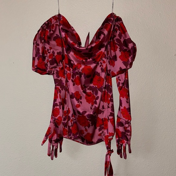 For Love and Lemons Huda Mini Dress Rose Print Strapless Satin with Puff Sleeves - Picture 2 of 12